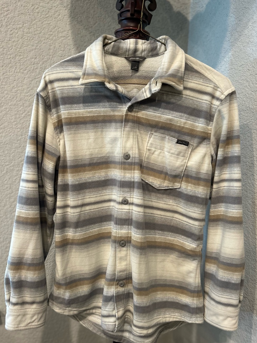 Eddie Bauer Striped Fleece Shirt Jacket in Cream, Gray & Tan